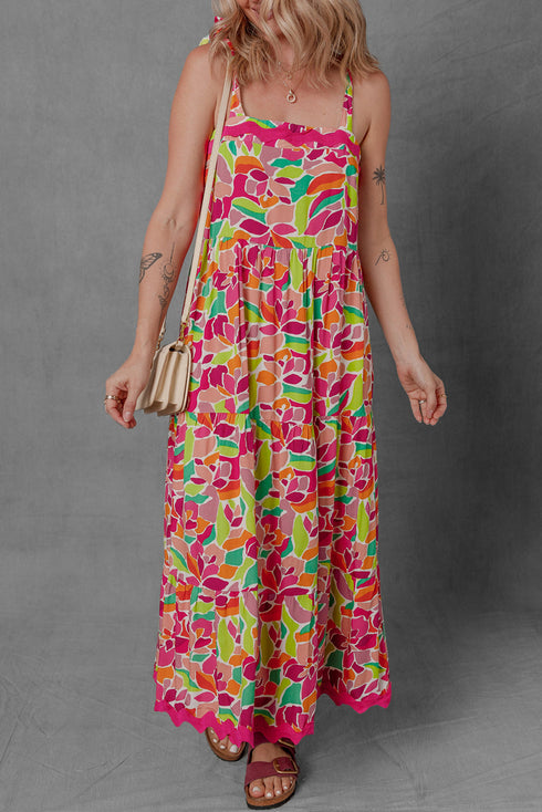 Floral Tie Strap Ricrac Trim A Line Flowing Maxi Dress